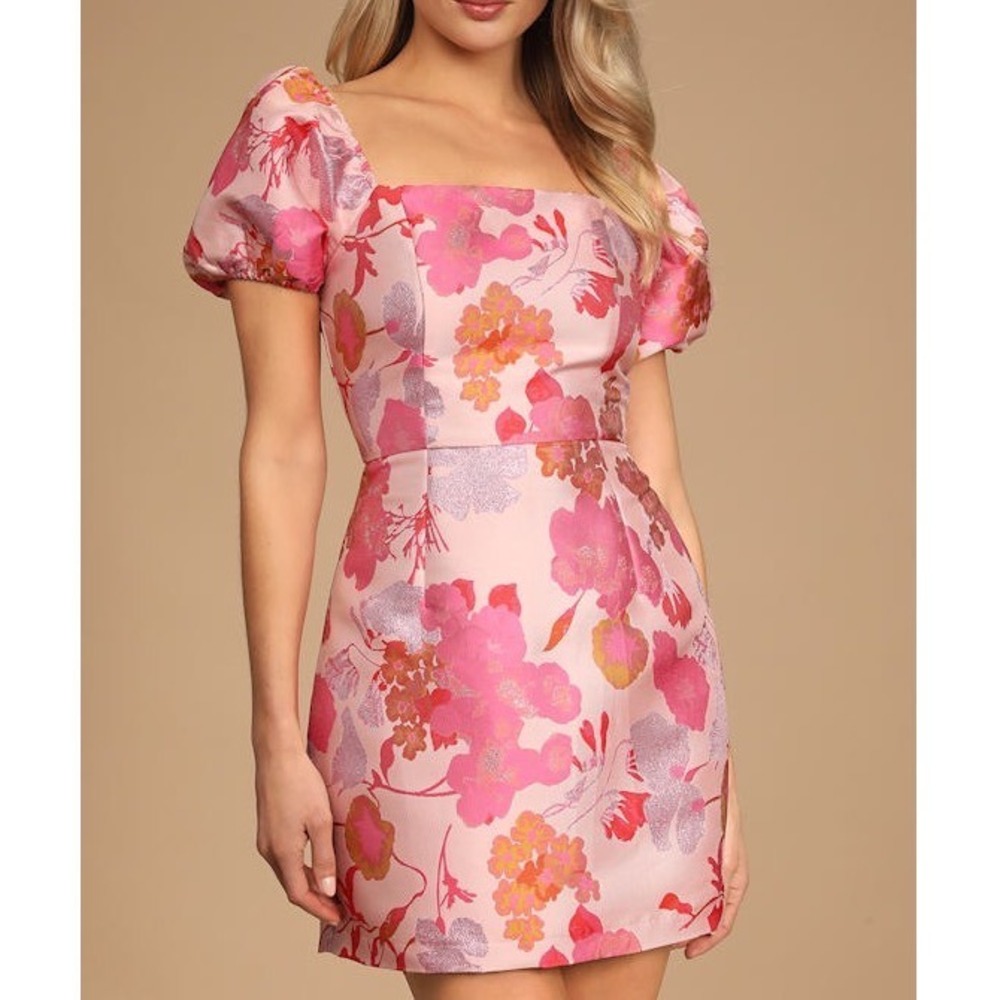 NWT Lulus So Stunning Light Pink Floral Jacquard Puff Sleeve Mini Dress Small - Picture 1 of 10
